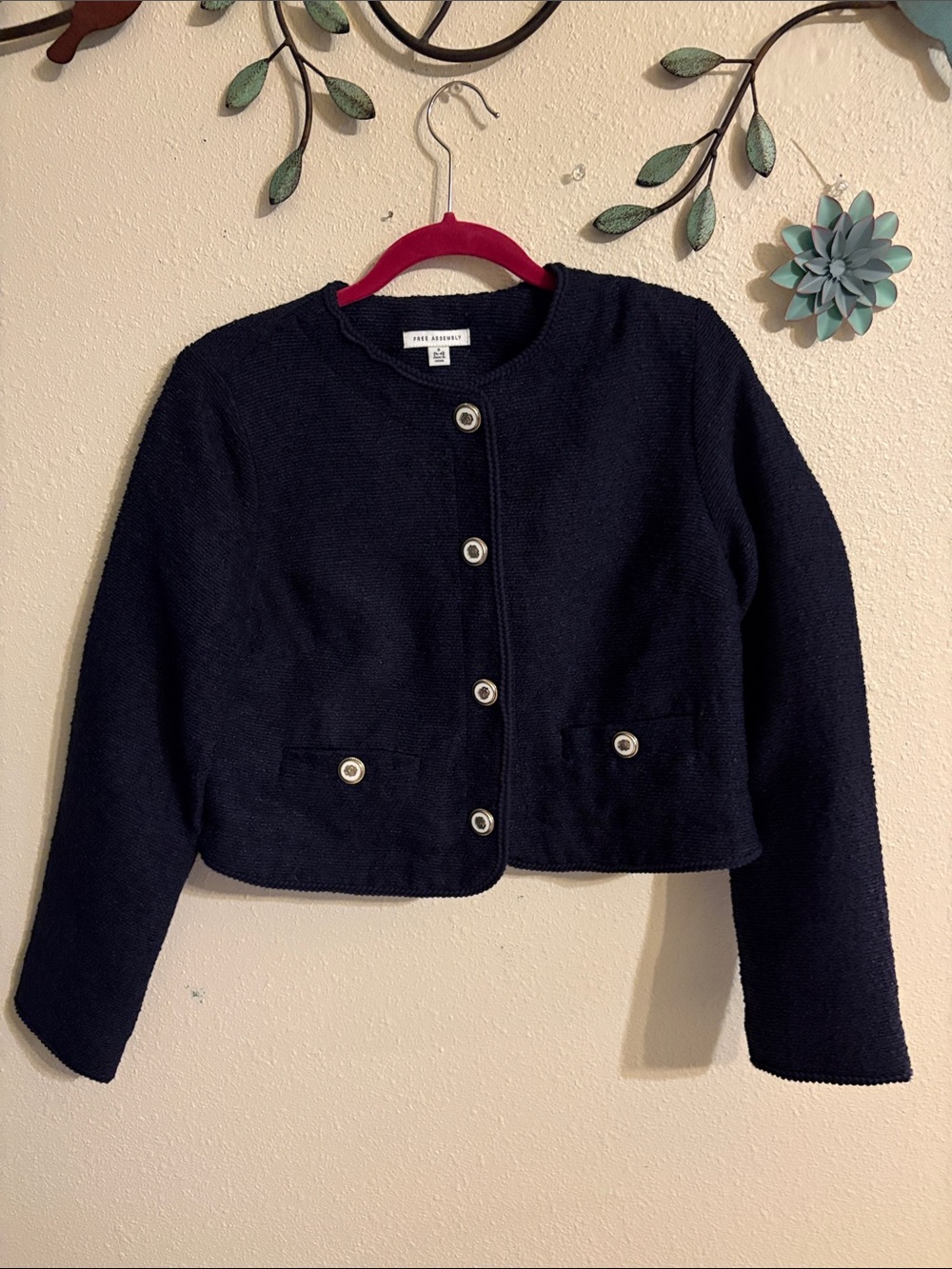 Petite Knit Navy Cropped Button-Front Jacket